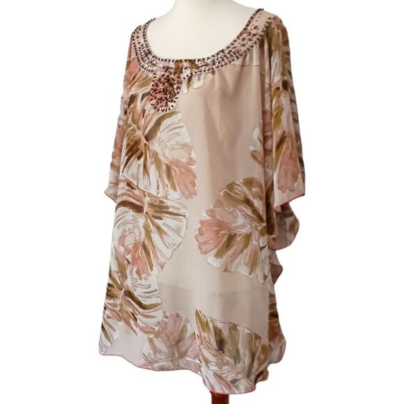 Lane Bryant Sheer Poncho Top Sz 2X 18 20 Beaded Leaf Print Tropical Kimono Flowy - Picture 5 of 13
